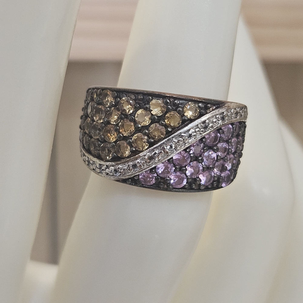 Rose Gold Plated Over Sterling Silver Pink Sapphire, White Topaz & Citrine Ring